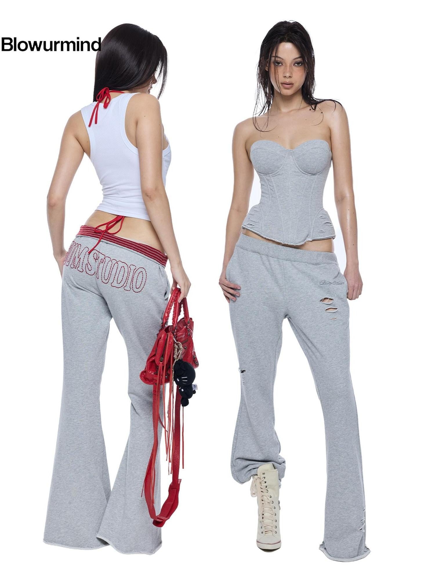 BUM STUDIO Grey Hand Distressed Contrast Waistband Low Rise Women's Cotton Flare Pants