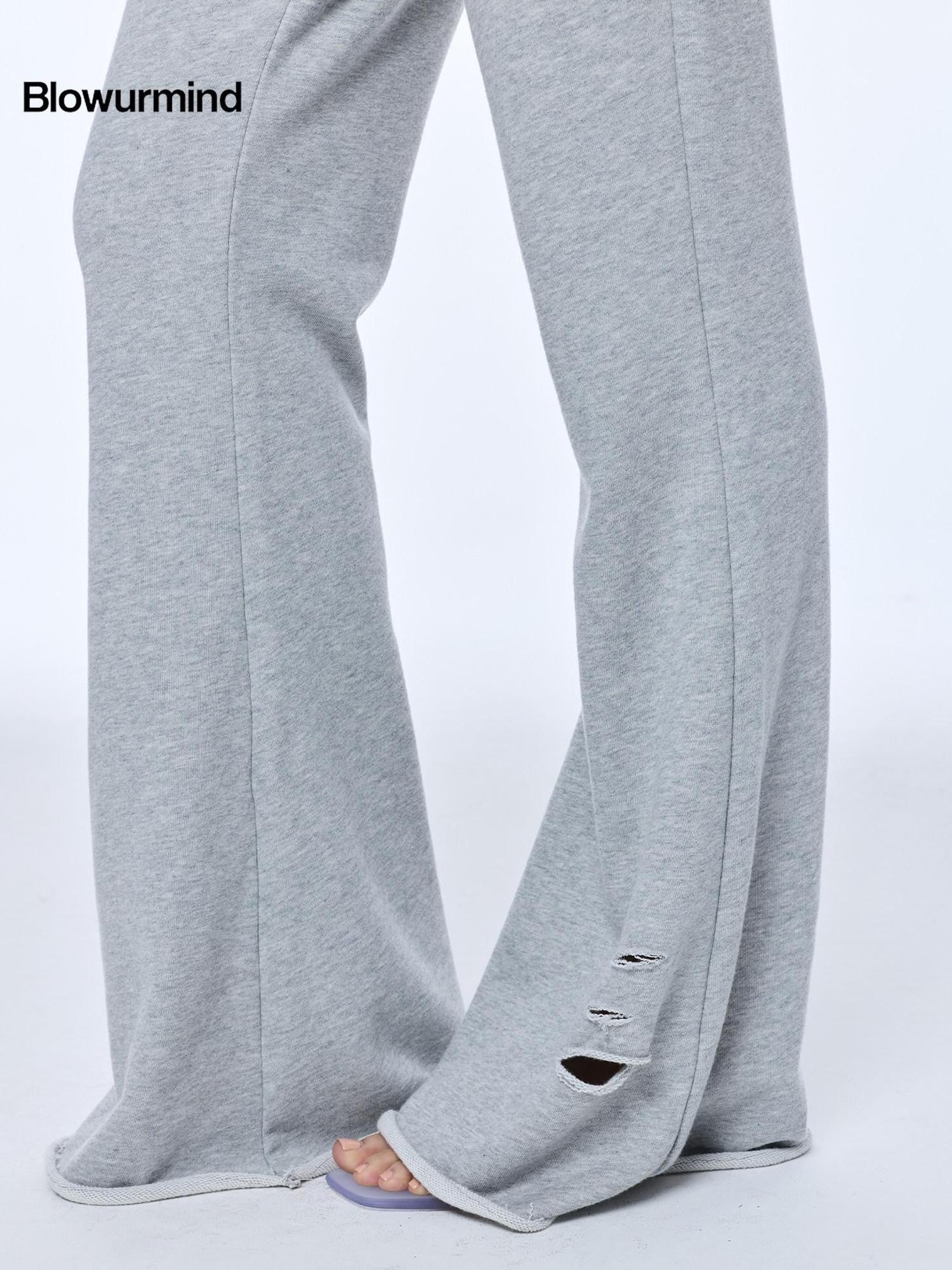 BUM STUDIO Grey Hand Distressed Contrast Waistband Low Rise Women's Cotton Flare Pants