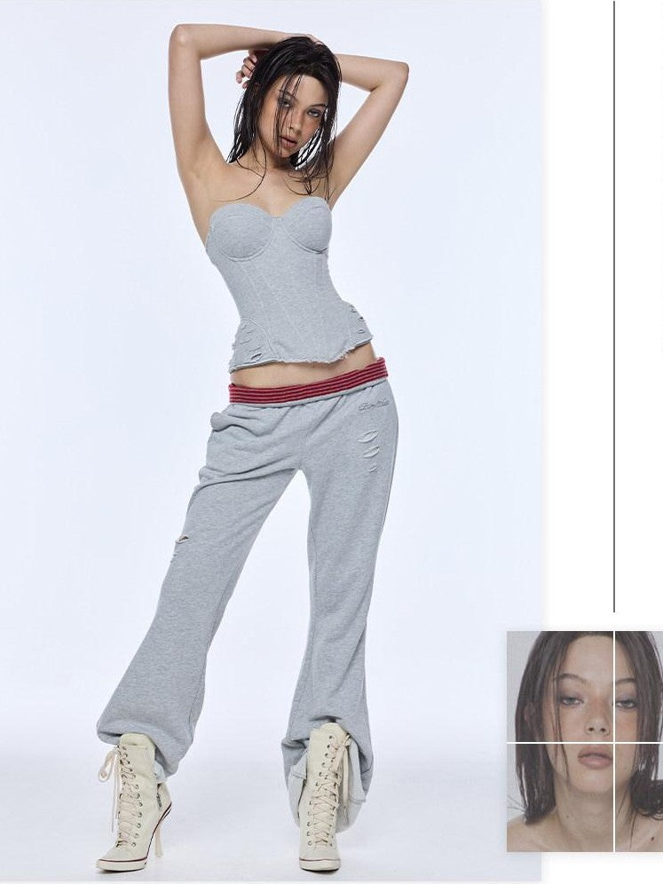 BUM STUDIO Grey Hand Distressed Contrast Waistband Low Rise Women's Cotton Flare Pants