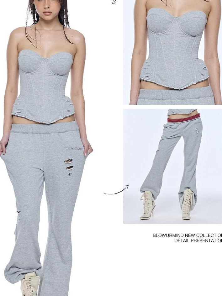 BUM STUDIO Grey Hand Distressed Contrast Waistband Low Rise Women's Cotton Flare Pants