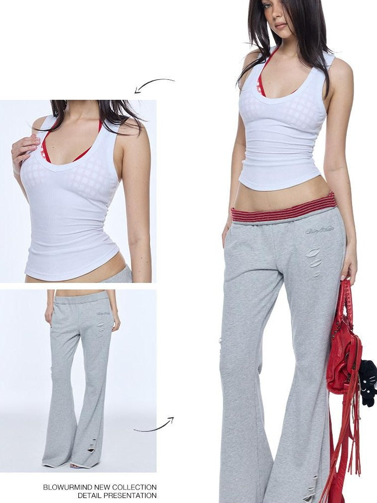 BUM STUDIO Grey Hand Distressed Contrast Waistband Low Rise Women's Cotton Flare Pants