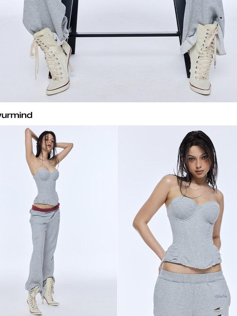 BUM STUDIO Grey Hand Distressed Contrast Waistband Low Rise Women's Cotton Flare Pants