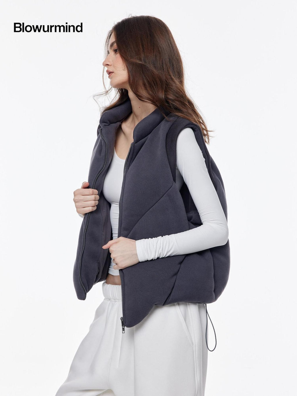 BUM STUDIO Grey Tone Embroidered Thick Padded Stand Collar Women's Cotton Polyester Vests