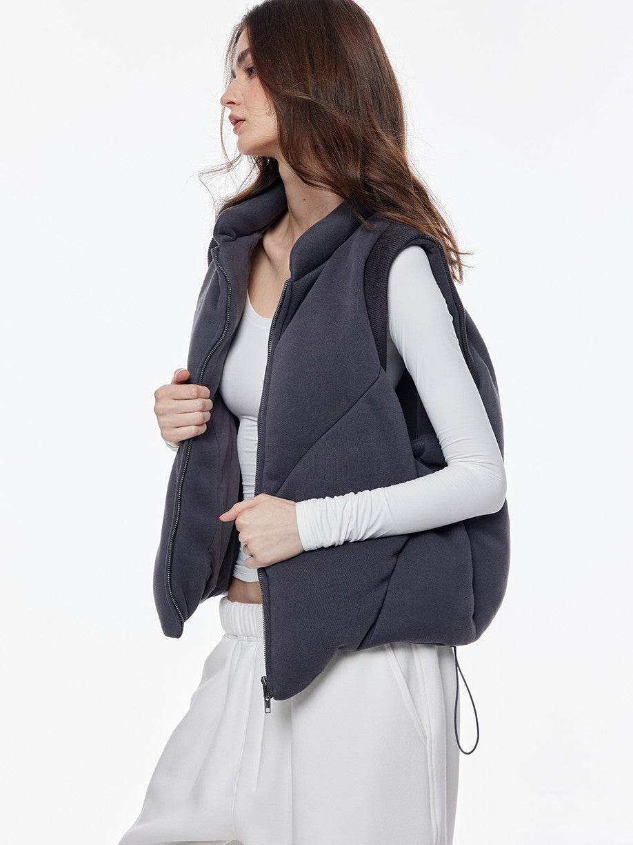 BUM STUDIO Grey Tone Embroidered Thick Padded Stand Collar Women's Cotton Polyester Vests