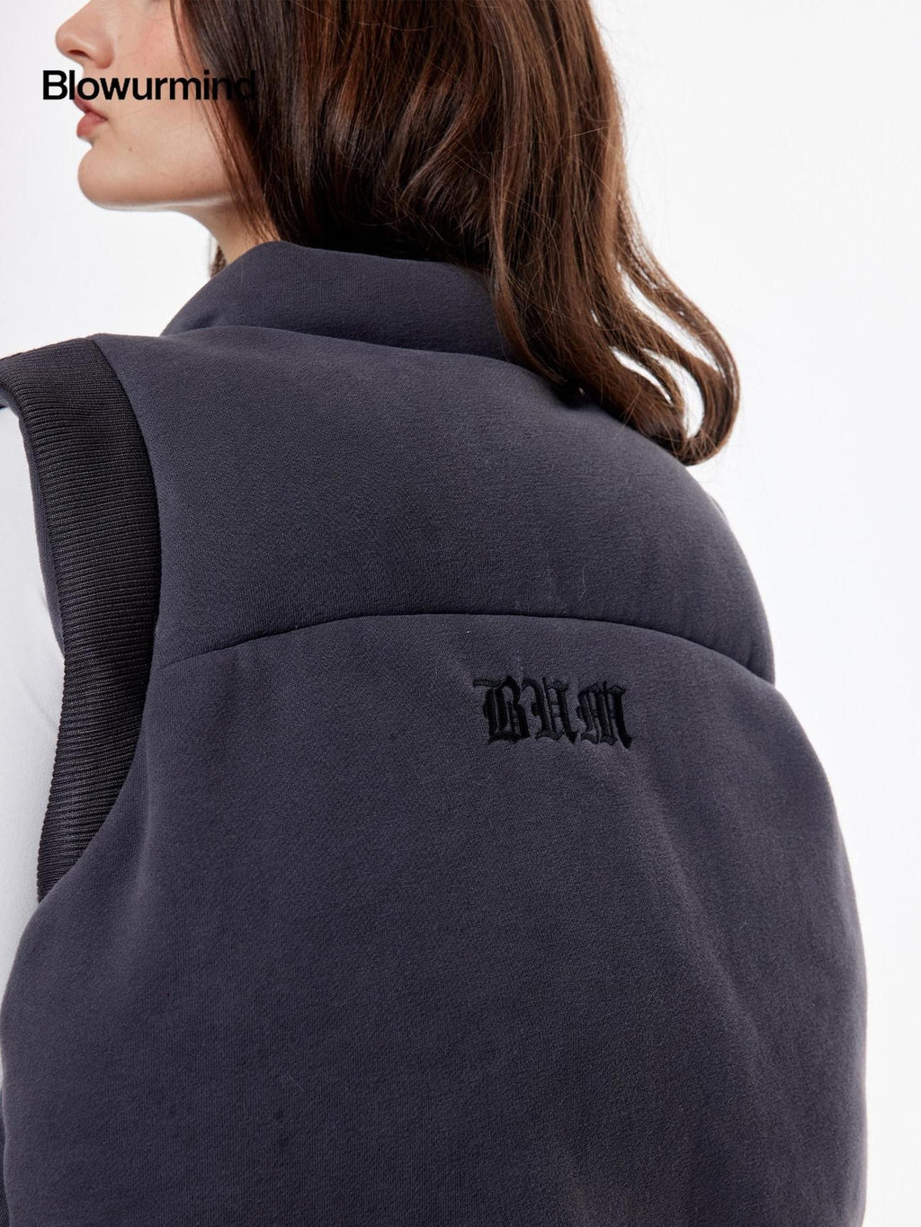 BUM STUDIO Grey Tone Embroidered Thick Padded Stand Collar Women's Cotton Polyester Vests