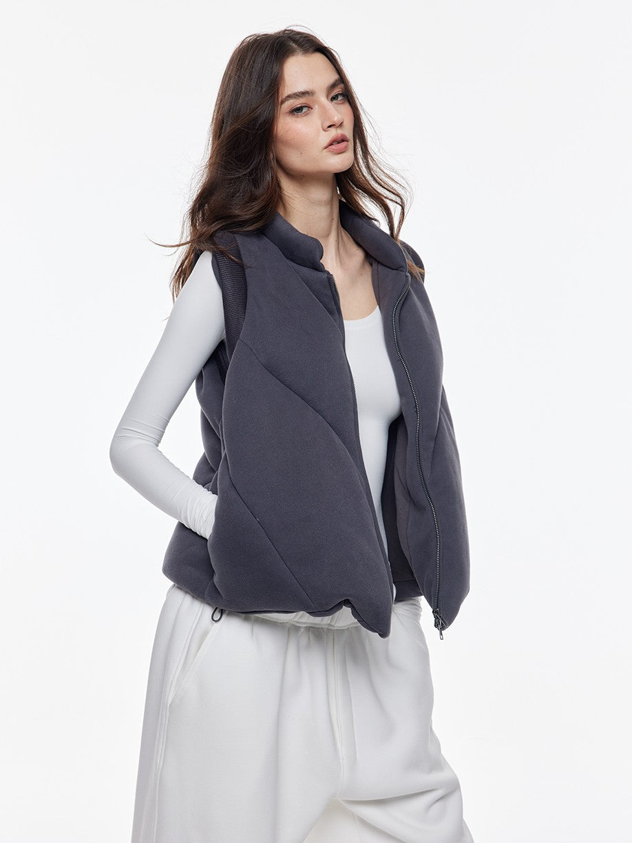 BUM STUDIO Grey Tone Embroidered Thick Padded Stand Collar Women's Cotton Polyester Vests