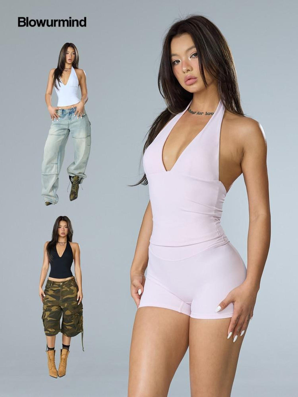 BUM STUDIO Halter Built In Bra Pad Stretch Slimming Women's Nylon Racerback Tank Tops