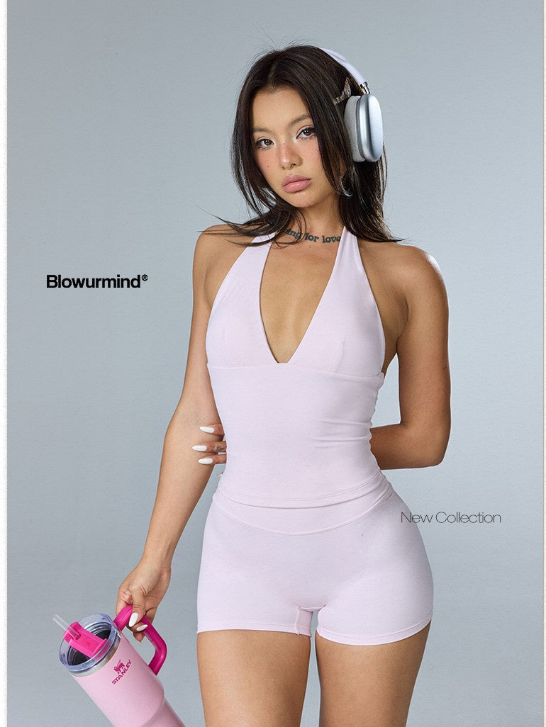 BUM STUDIO Halter Built In Bra Pad Stretch Slimming Women's Nylon Racerback Tank Tops