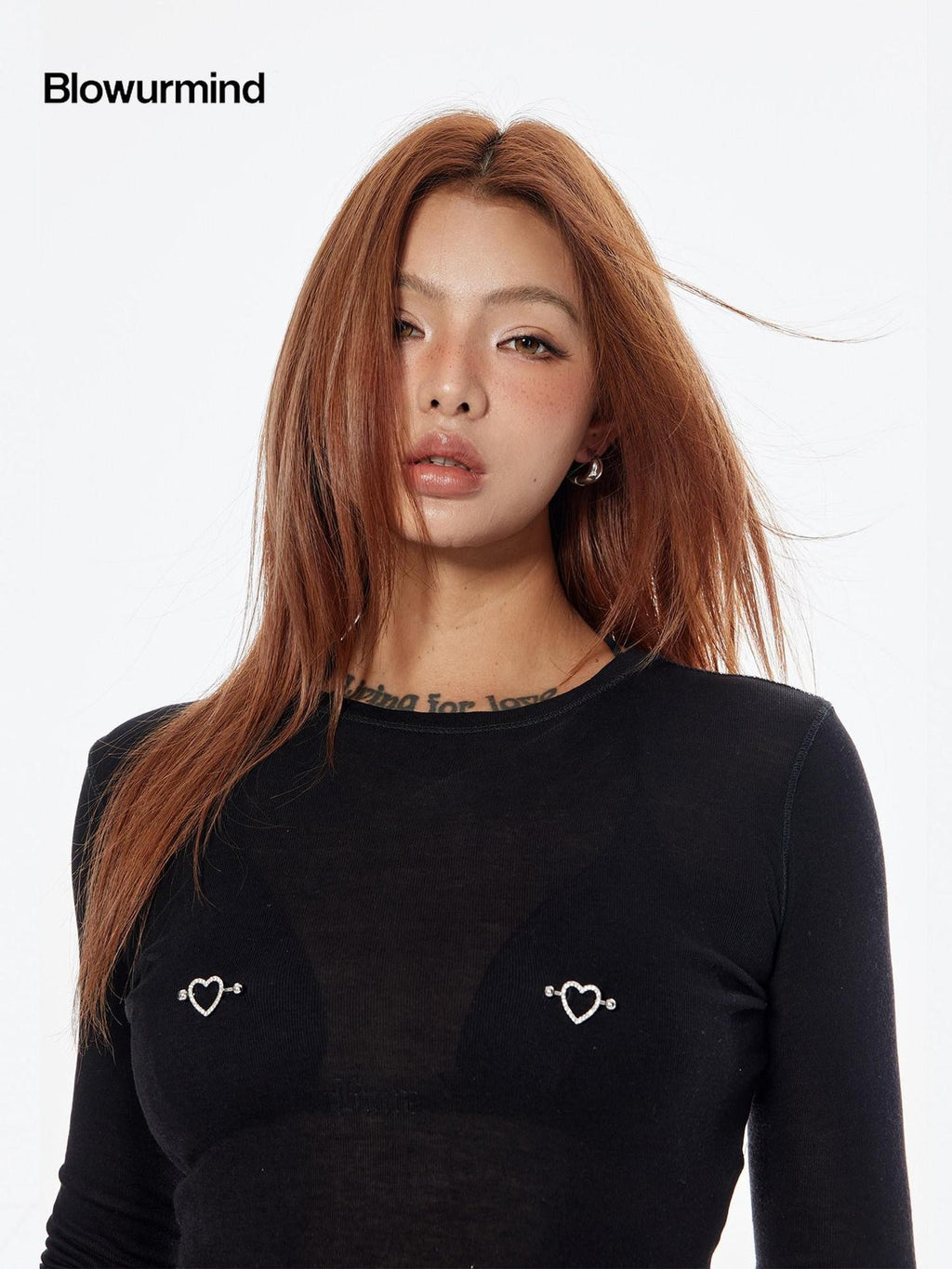 BUM STUDIO Heart Patchwork Painless Stud Semi Sheer Women's Lyocell Long Sleeve T-shirts
