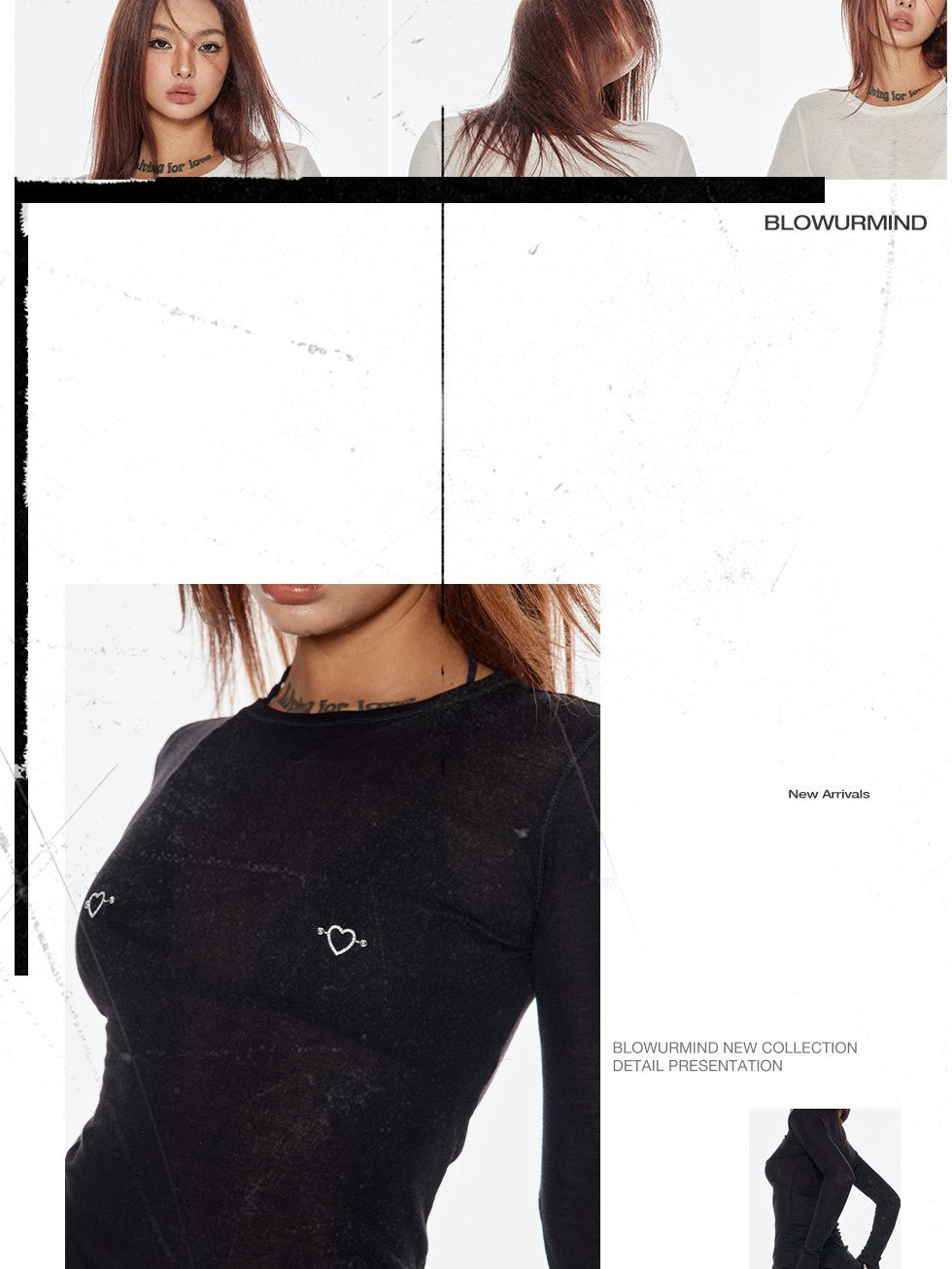 BUM STUDIO Heart Patchwork Painless Stud Semi Sheer Women's Lyocell Long Sleeve T-shirts