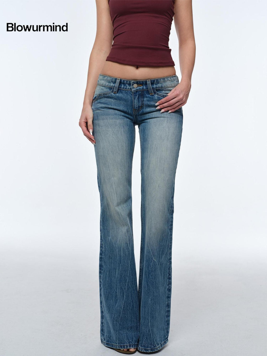 BUM STUDIO Heavy Wash Short Rise Wide Leg Flared Women's Denim Low-rise Jeans