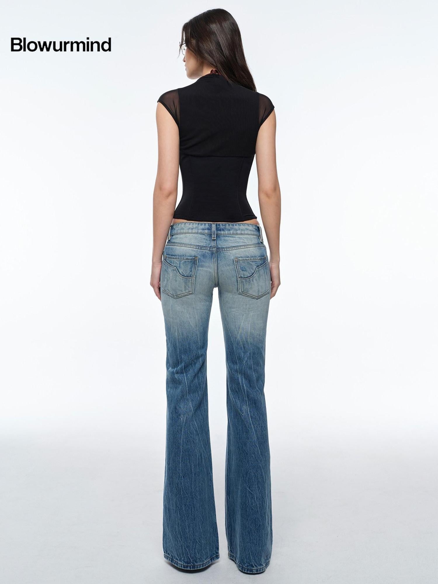 BUM STUDIO Heavy Wash Short Rise Wide Leg Flared Women's Denim Low-rise Jeans