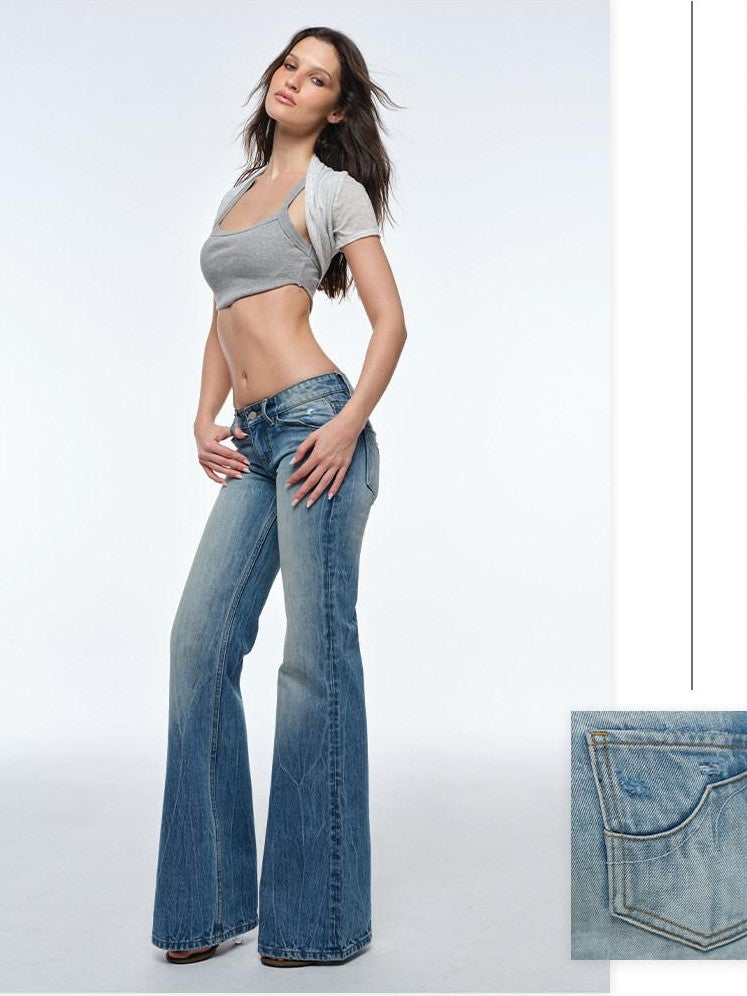 BUM STUDIO Heavy Wash Short Rise Wide Leg Flared Women's Denim Low-rise Jeans