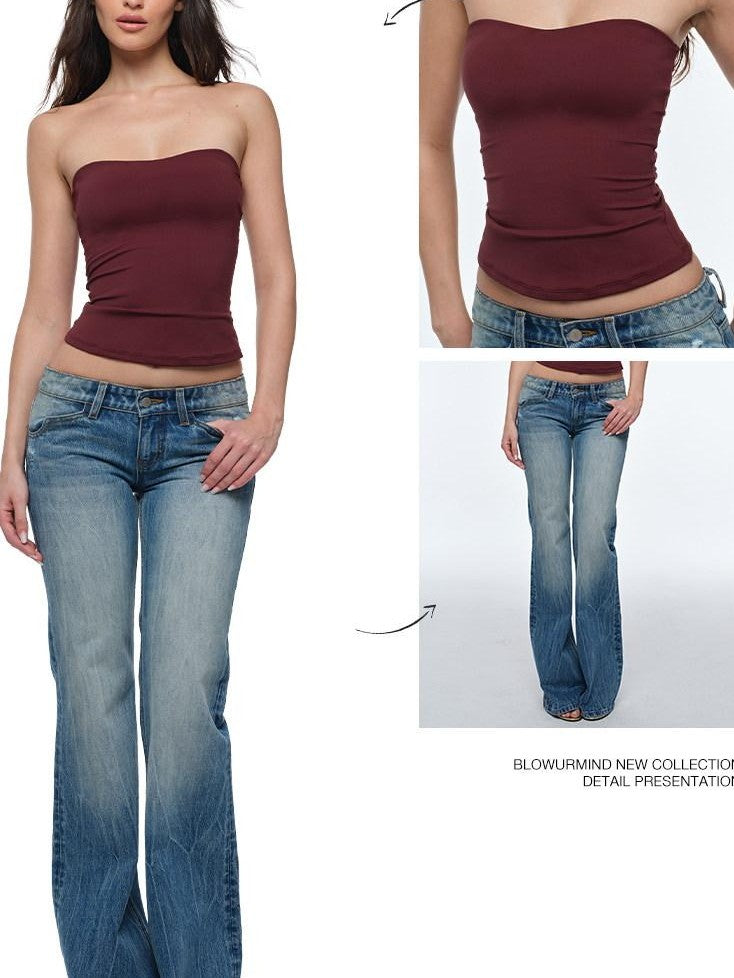 BUM STUDIO Heavy Wash Short Rise Wide Leg Flared Women's Denim Low-rise Jeans