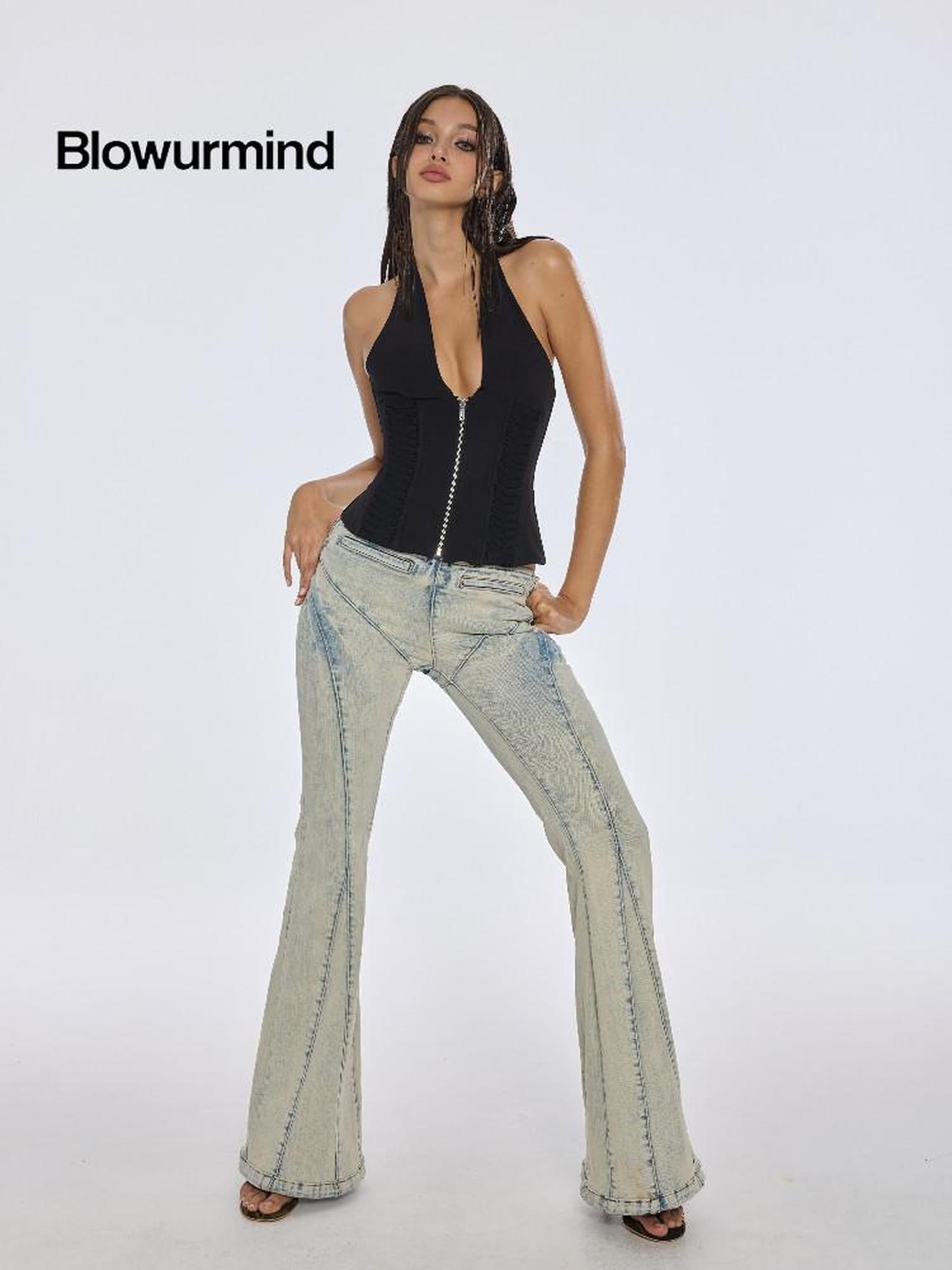 BUM STUDIO Heavy Washed Panel Splice Slim Low Waist Women's Denim Flare Jeans