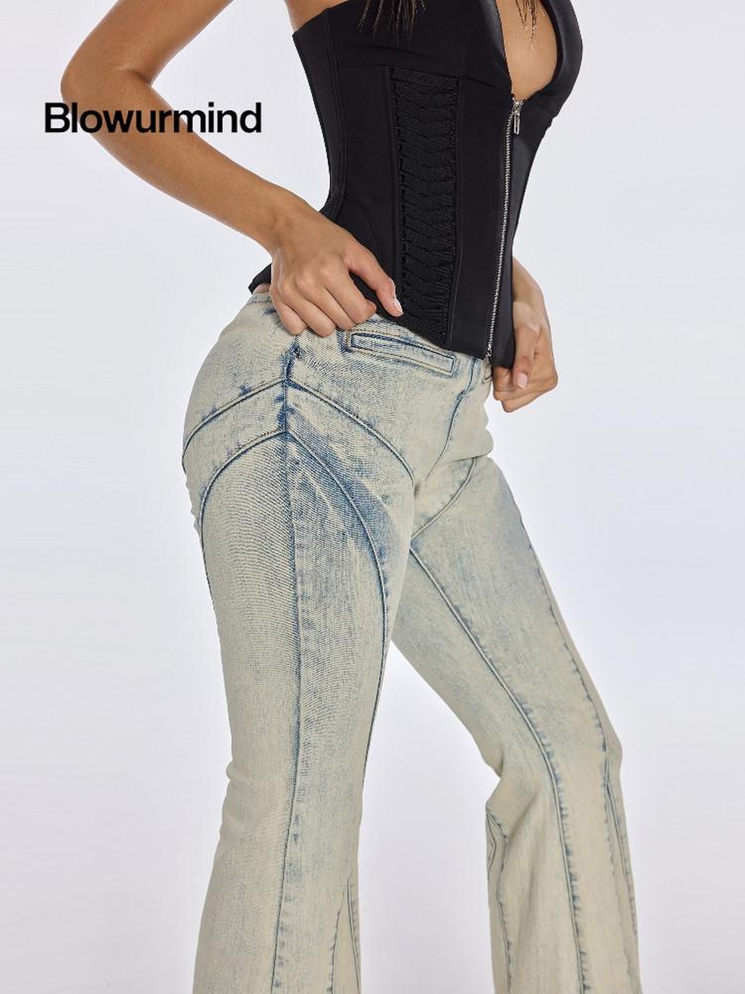 BUM STUDIO Heavy Washed Panel Splice Slim Low Waist Women's Denim Flare Jeans