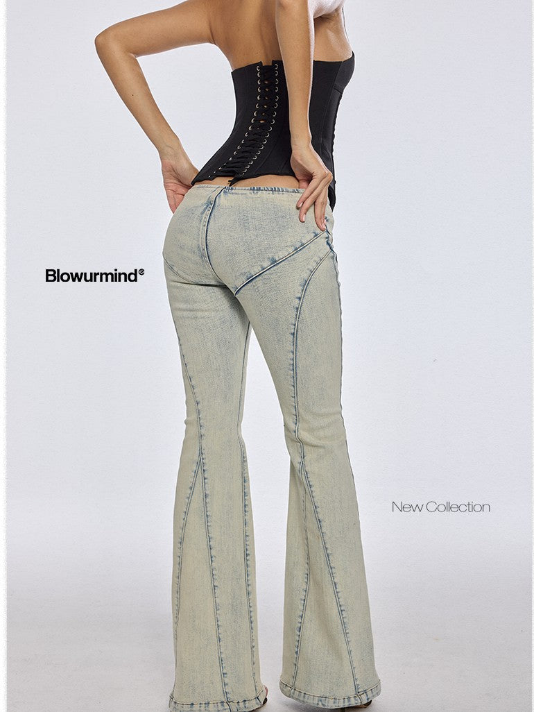 BUM STUDIO Heavy Washed Panel Splice Slim Low Waist Women's Denim Flare Jeans