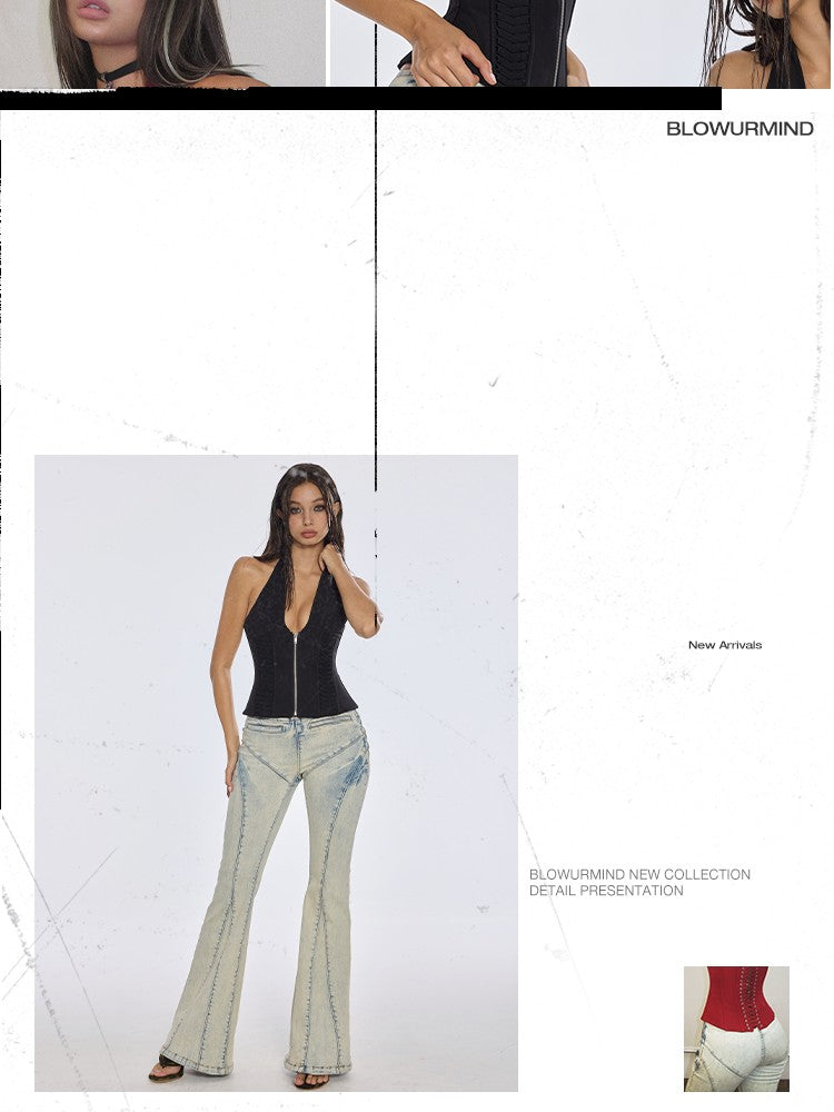 BUM STUDIO Heavy Washed Panel Splice Slim Low Waist Women's Denim Flare Jeans
