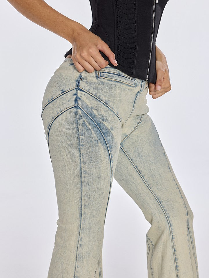 BUM STUDIO Heavy Washed Panel Splice Slim Low Waist Women's Denim Flare Jeans