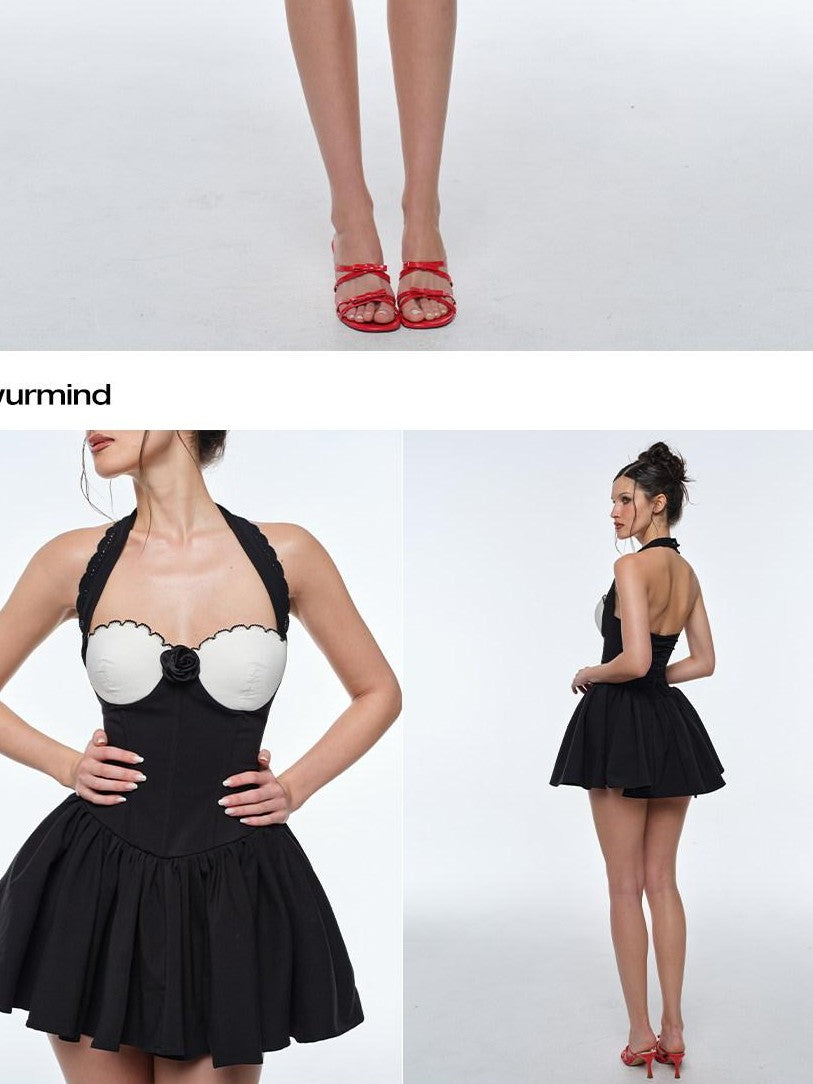 BUM STUDIO Hepburn Black White Colorblock Boned Padded Women's Cotton Corset Mini Dresses