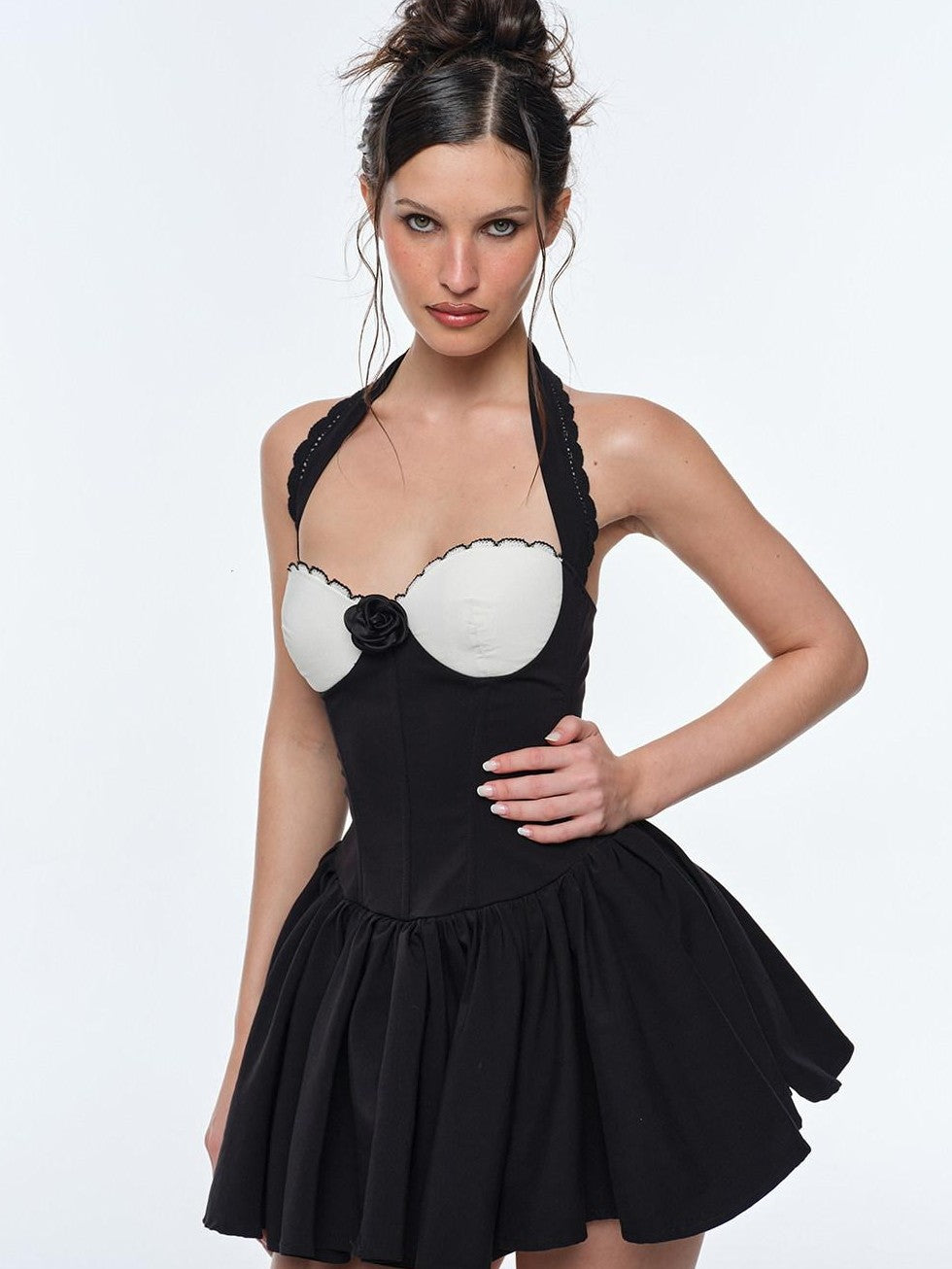 BUM STUDIO Hepburn Black White Colorblock Boned Padded Women's Cotton Corset Mini Dresses