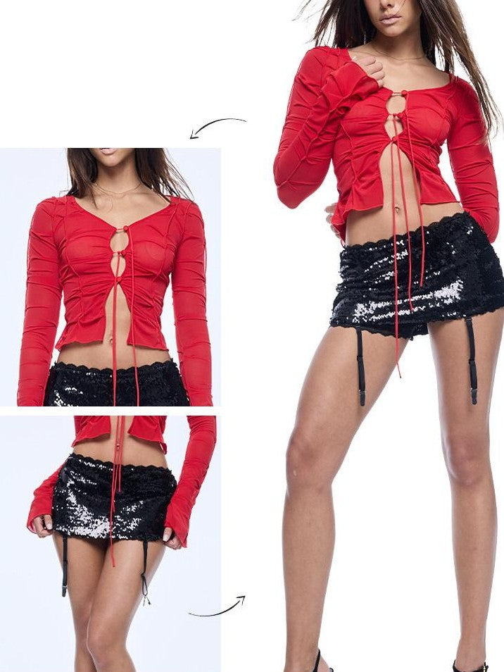 BUM STUDIO High Density Crystal Sequin Strap Low Waist Bodycon Women's Polyester Hot Pants