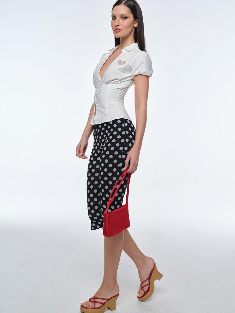 BUM STUDIO Ivory Heart Fishbone Cinched Waist Lapel Women's Cotton Puff-sleeve Blouses