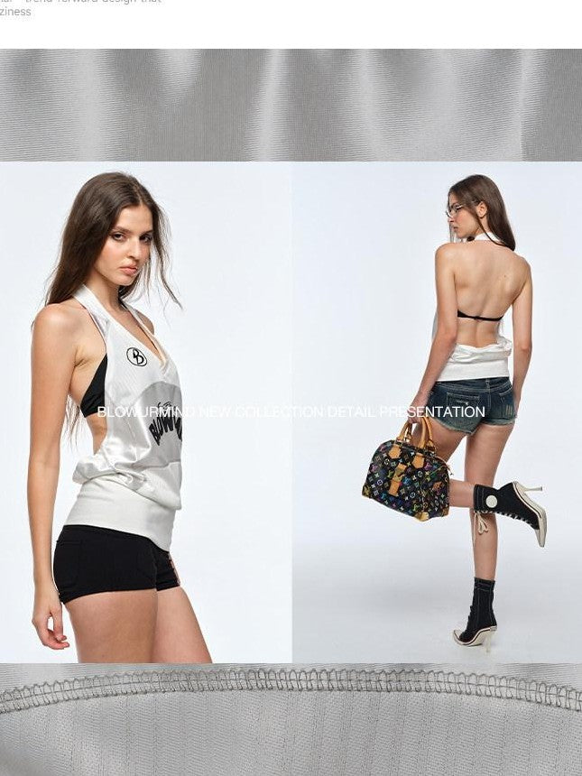 BUM STUDIO Ivory Letter Print V-neck Backless Loose Women's Polyester Halter Tops