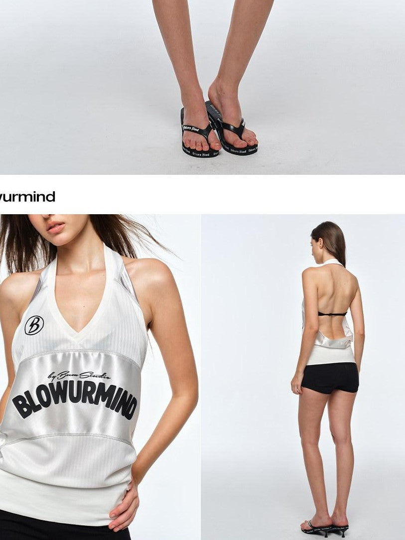 BUM STUDIO Ivory Letter Print V-neck Backless Loose Women's Polyester Halter Tops