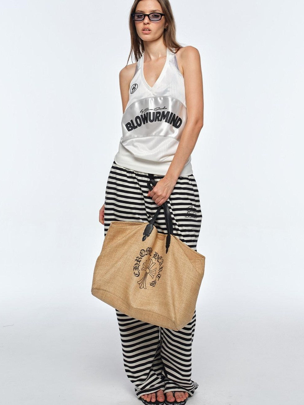 BUM STUDIO Ivory Letter Print V-neck Backless Loose Women's Polyester Halter Tops