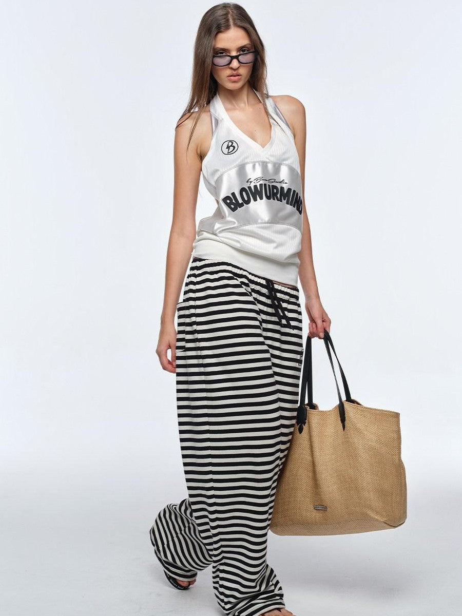 BUM STUDIO Ivory Letter Print V-neck Backless Loose Women's Polyester Halter Tops