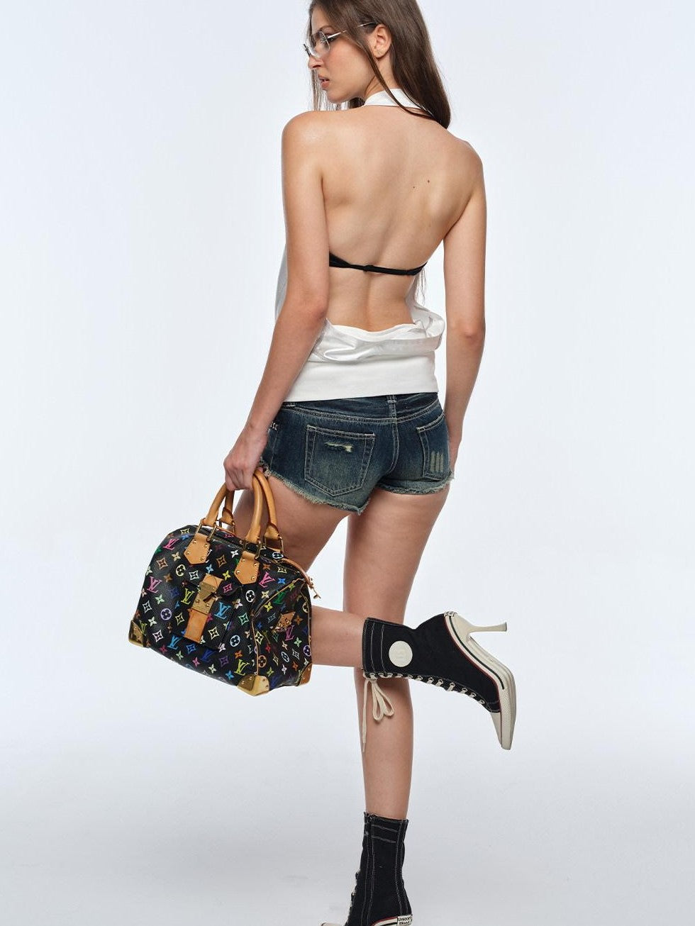 BUM STUDIO Ivory Letter Print V-neck Backless Loose Women's Polyester Halter Tops