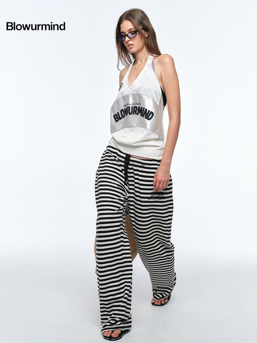 BUM STUDIO Ivory Letter Print V-neck Backless Loose Women's Polyester Halter Tops