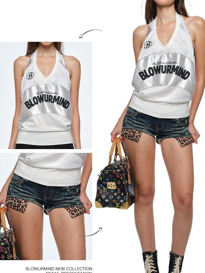 BUM STUDIO Ivory Letter Print V-neck Backless Loose Women's Polyester Halter Tops