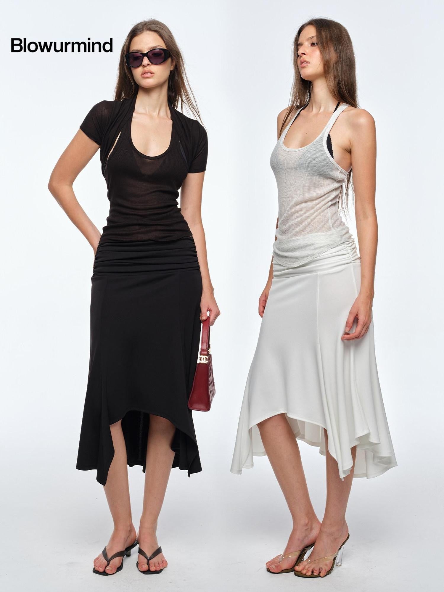 BUM STUDIO Ivory Pleated Asymmetrical Draped Slimming Women's Polyester Mermaid Skirts
