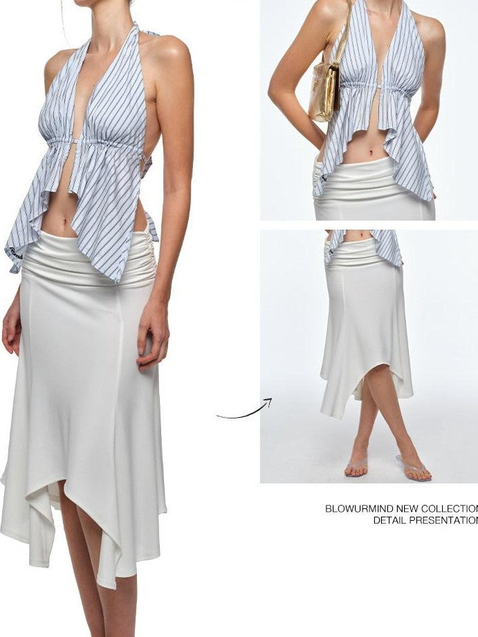 BUM STUDIO Ivory Pleated Asymmetrical Draped Slimming Women's Polyester Mermaid Skirts