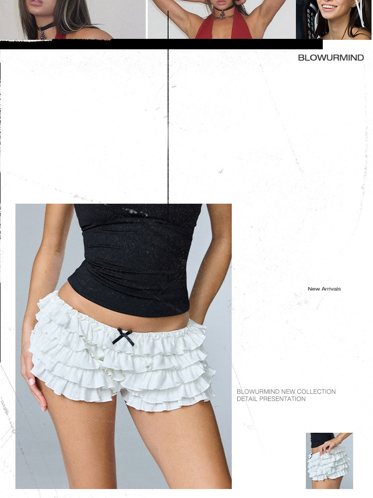 BUM STUDIO Knit Layered Ballet Cake Lace Pleated Low Waist Women's Cotton Blend Hot Pants
