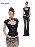 BUM STUDIO Lace Wave Trim Padded Support Bodycon Frog Button Women's Polyester Baby Tees