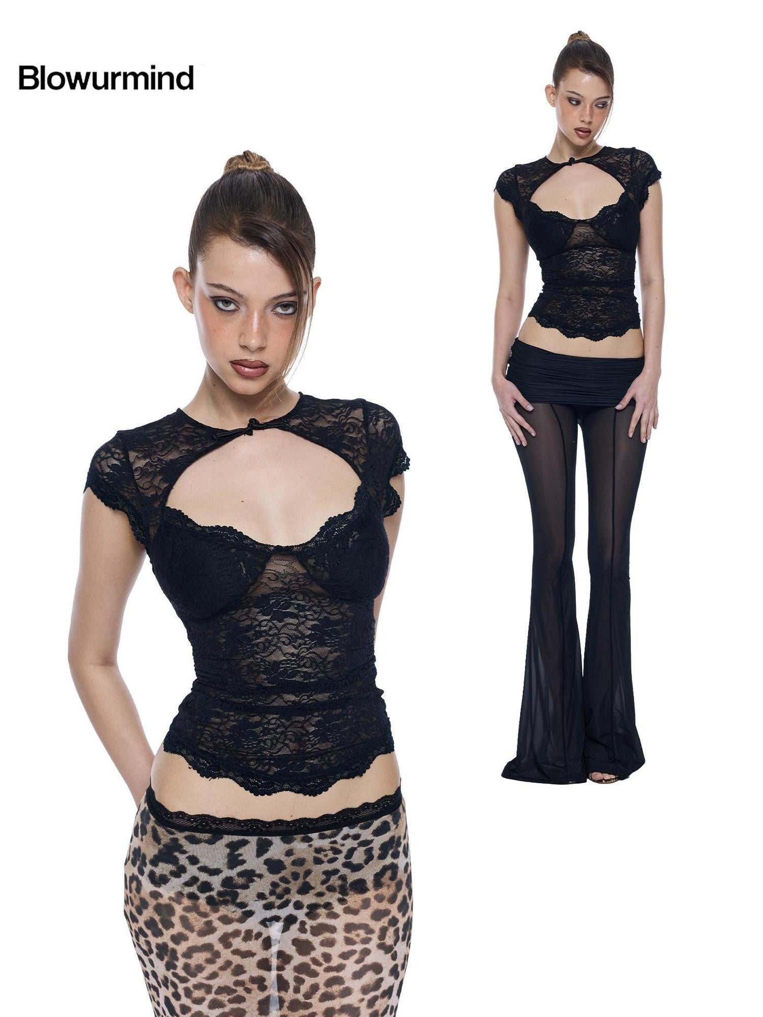 BUM STUDIO Lace Wave Trim Padded Support Bodycon Frog Button Women's Polyester Baby Tees