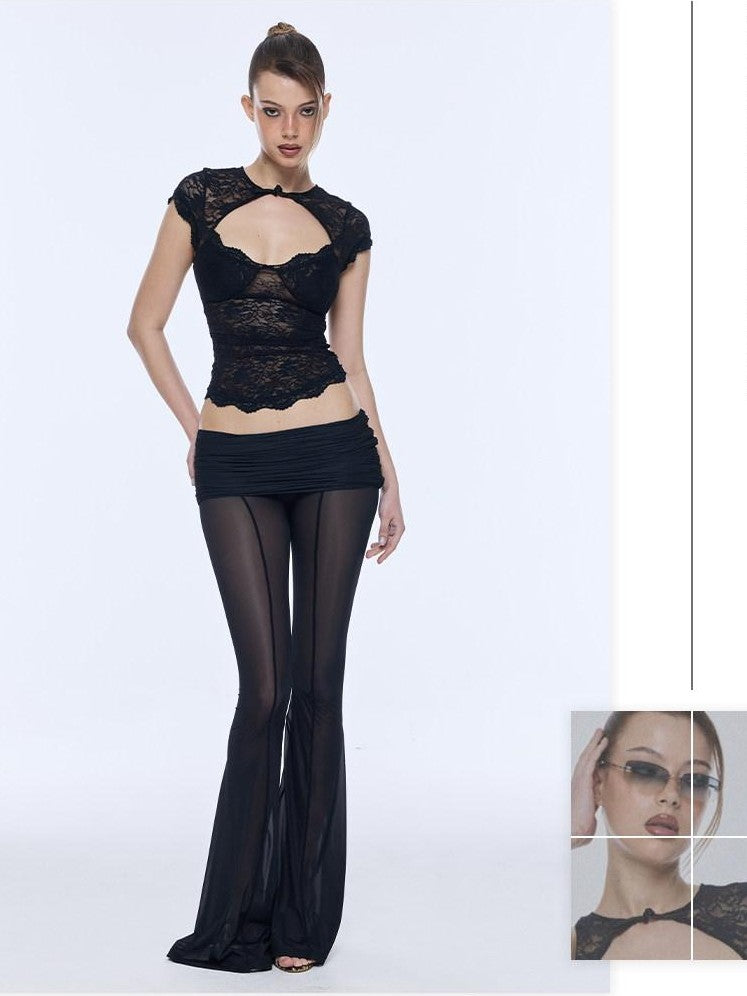 BUM STUDIO Lace Wave Trim Padded Support Bodycon Frog Button Women's Polyester Baby Tees