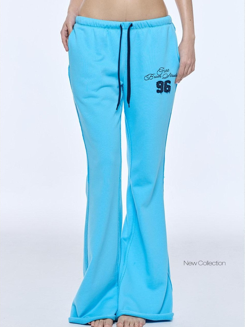 BUM STUDIO Lake Blue Embroidered Applique Low Rise Women's Cotton Blend Flare Pants