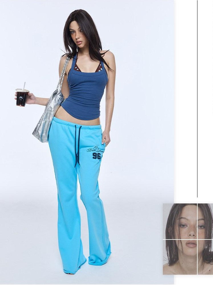 BUM STUDIO Lake Blue Embroidered Applique Low Rise Women's Cotton Blend Flare Pants