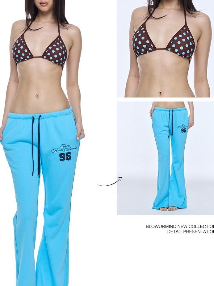 BUM STUDIO Lake Blue Embroidered Applique Low Rise Women's Cotton Blend Flare Pants