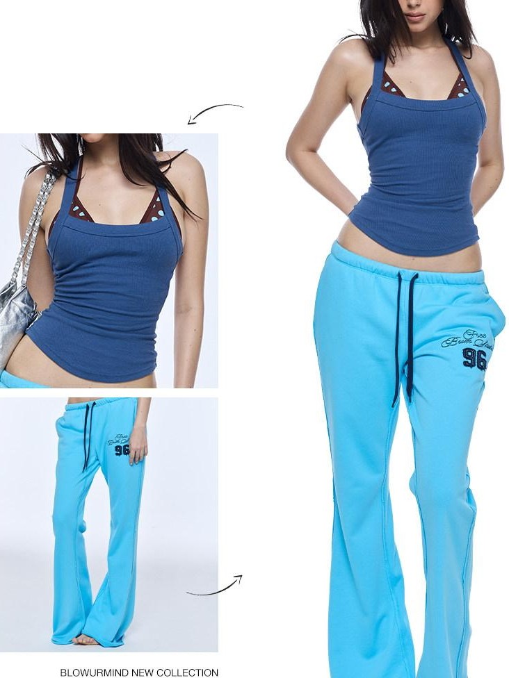 BUM STUDIO Lake Blue Embroidered Applique Low Rise Women's Cotton Blend Flare Pants