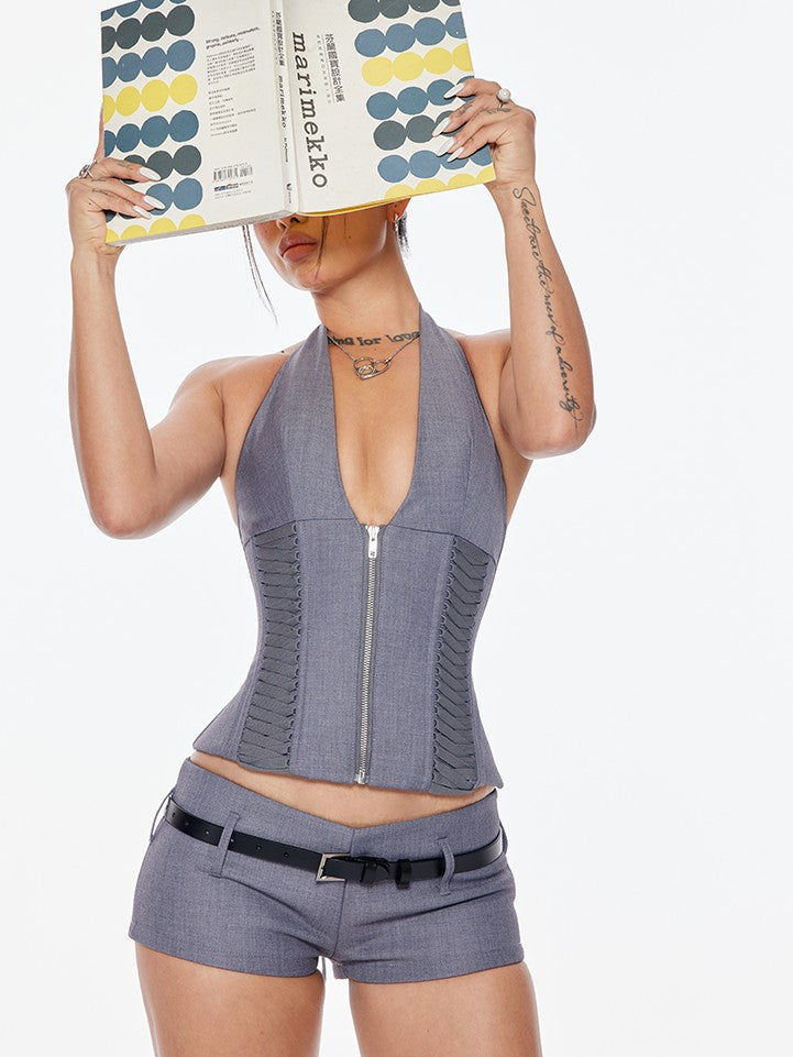 BUM STUDIO Layered Gray Shaping Padded Boned Halter Zipper Women's Corset Camisoles