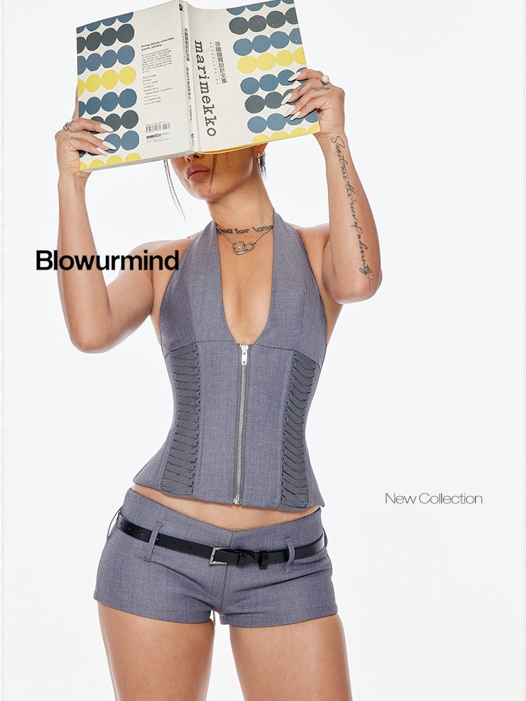 BUM STUDIO Layered Gray Shaping Padded Boned Halter Zipper Women's Corset Camisoles