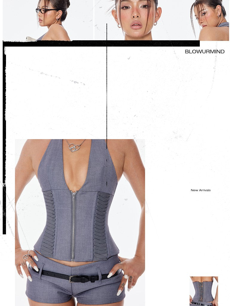 BUM STUDIO Layered Gray Shaping Padded Boned Halter Zipper Women's Corset Camisoles