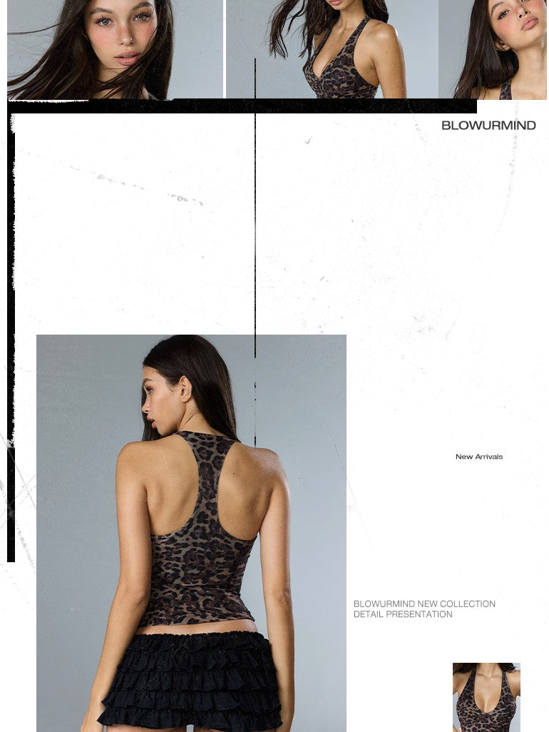 BUM STUDIO Leopard Print Double Layer Padded Halter Women's Poly Spandex Tank Tops