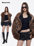 BUM STUDIO Leopard Print Reversible Waxed Pu Patchwork Women's Polyester Faux Fur Coats