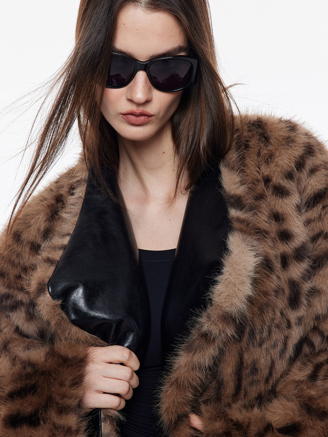 BUM STUDIO Leopard Print Reversible Waxed Pu Patchwork Women's Polyester Faux Fur Coats